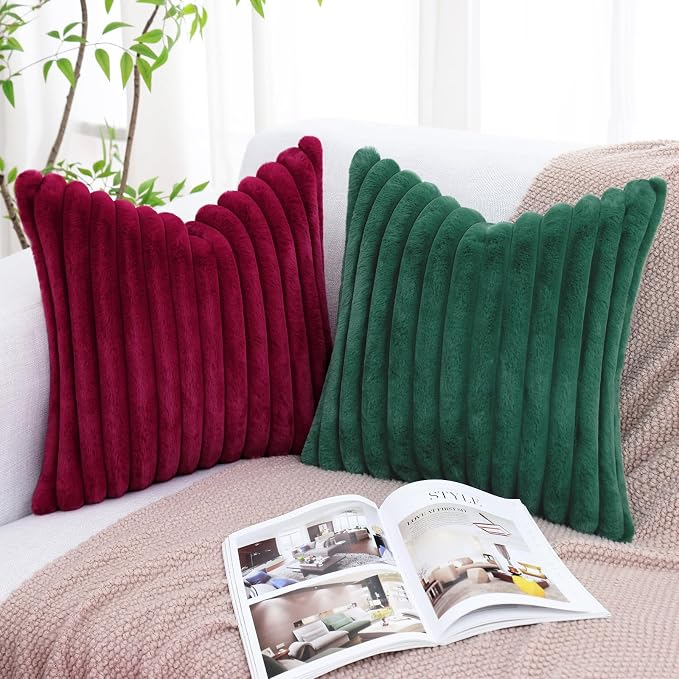 decorUhome Fall Faux Fur Throw Pillow Covers 18x18 Set of 2 Christmas Green | Decorative Soft Cozy Striped Plush Modern Farmhouse Boho Couch Pillow Cases Velvet Back for Sofa Bed Living Room Home Decor