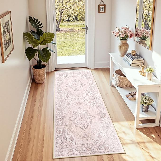 RELEANY Washable Area Rug, Runner 2'x6', Pink | Non-Slip, Water Repellent, Pet Friendly, Easy to Clean, Vintage Floral Boho Decor for Kitchen Entry Bedroom Bedside Laundry