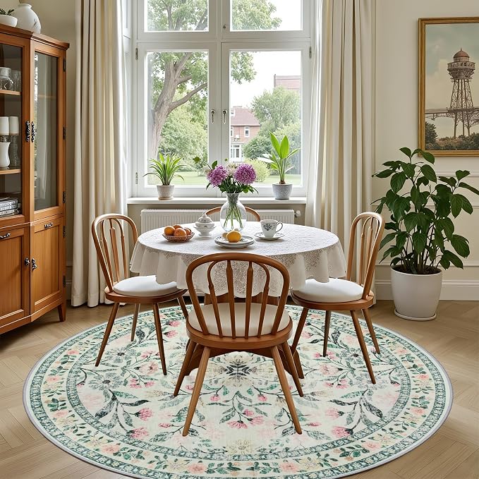 PLHXFR Round Area Rug Living Room: 4 ft Floral Washable Carpet Green Beige | For Bedroom Dining Room Farmhouse Nursery Hallway,Vintage Floral,Machine washable,Non Slip,Stain Resistant,Large Indoor