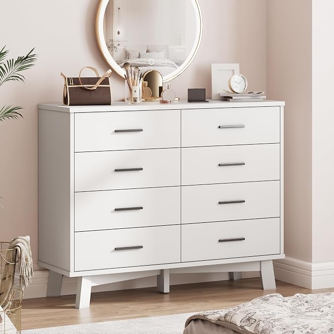Xixini Dresser for Bedroom, 8 Drawer Wide Modern Chest of Drawers with X-Shaped Sturdy Base, Wood Double Dresser Closet Clothes Storage Organizer, Wooden TV Stand for Living Room, Hallway, White