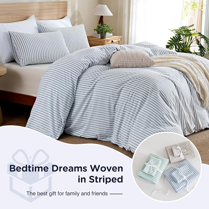 TOCOMOA Blue Striped Duvet Cover Set 100% Washed Cotton Like Linen, King | Linen-Like Feel Soft, Breathable & Comfy for All Season. Lightweight Bedding Set with Zipper & 8 Ties. 3 Pcs, No Insert