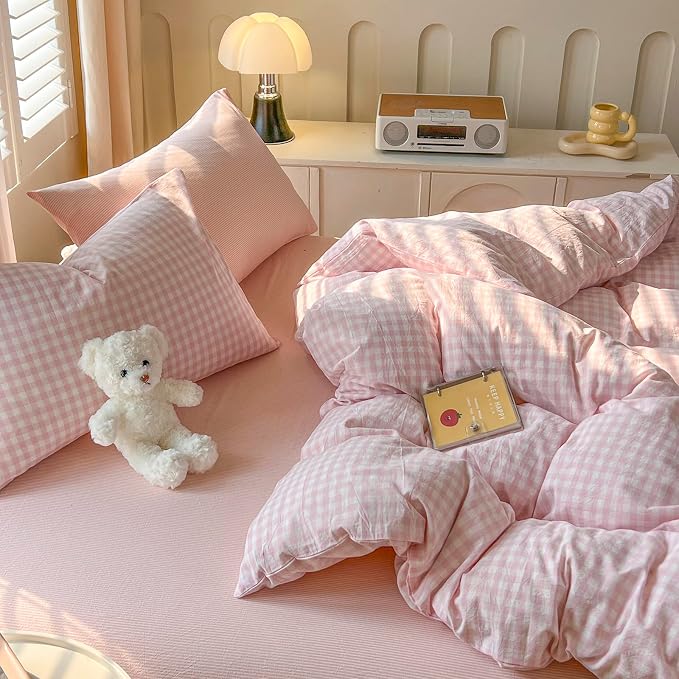 mixinni Light Pink Gingham Duvet Cover Set Twin Size - 100% Washed Cotton 3 Piece Plaid Checkered Bedding Set, Soft Comfy Grid Farmhouse Comforter Cover with Zipper Closure & Corner Ties