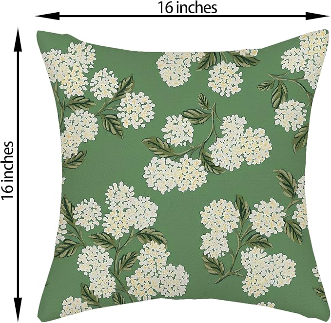 Sage Green Spring Pillow Covers 16x16 Inch 2 Pcs Yellow Hydrangea Flower Decor Throw Pillows Vintage Floral Seasonal Summer Outdoor Decoration Pillowcase Linen Cushion Cover for Couch Sofa