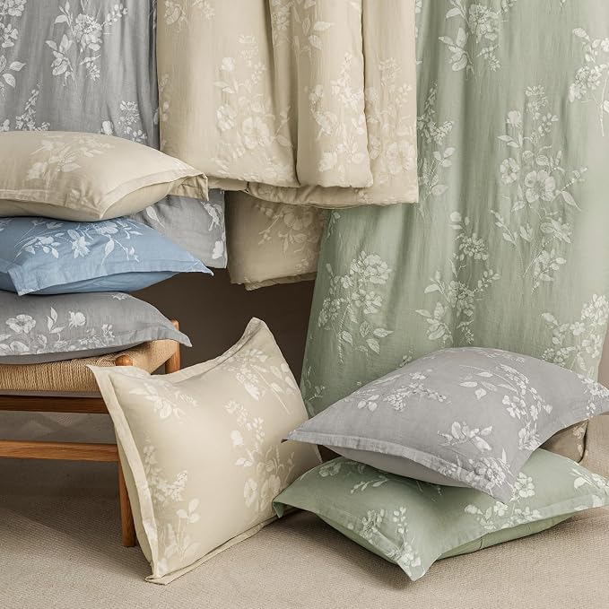 PHF Stone-Washed 100% Cotton Duvet Cover King Size, 104"x90", Dusty Sage | Elegant Floral Jacquard Woven, Ultra Soft Breathable All Season Bedding Set for Adults, 3pcs with 2 Pillow Shams, No Filling