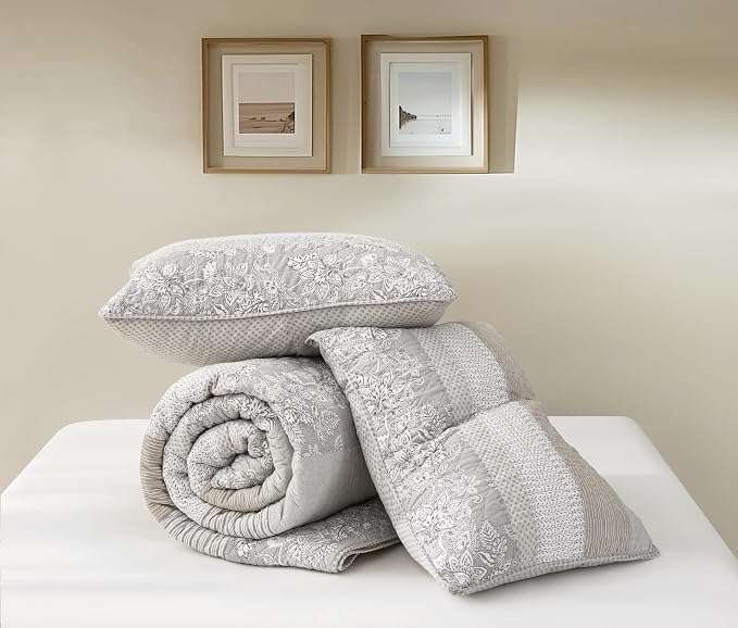 Chezmoi Collection Robyn 3-Piece Gray Taupe White Floral Hibiscus Flower Patchwork Striped Quilt Set - Pre-Washed Soft Lightweight Reversible Cotton Bedspread Coverlet for All Season, Queen Size