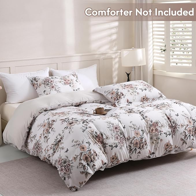 LONAVA King Floral 3 Pcs Duvet Cover Set, Breathable Soft Microfiber Light Grey Lining Comforter Cover with Zipper Closure, and 2 Anti-Pilling, Fade Resistant Pillowcases, Withered Flowers