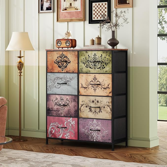 WLIVE 8 Drawer Fabric Dresser for Bedroom, Tall Storage Tower, Pattern | 8-drawer tall storage tower with fabric bins and wood tabletop, breathable non-woven, perfect for bedroom closet dorm
