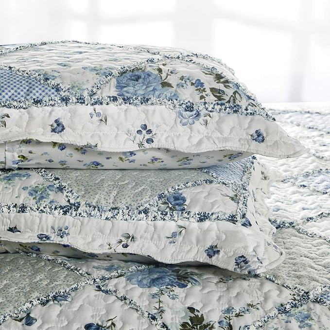 Oversized King Quilt Set Blue Floral Patchwork Alaska King Bedspreads Set | 3-Piece Alaskan King Size Bedding Set 132x120 Rversible Quilted Coverlet Lightweight Comforter Bed Cover with 2 Pillowcase