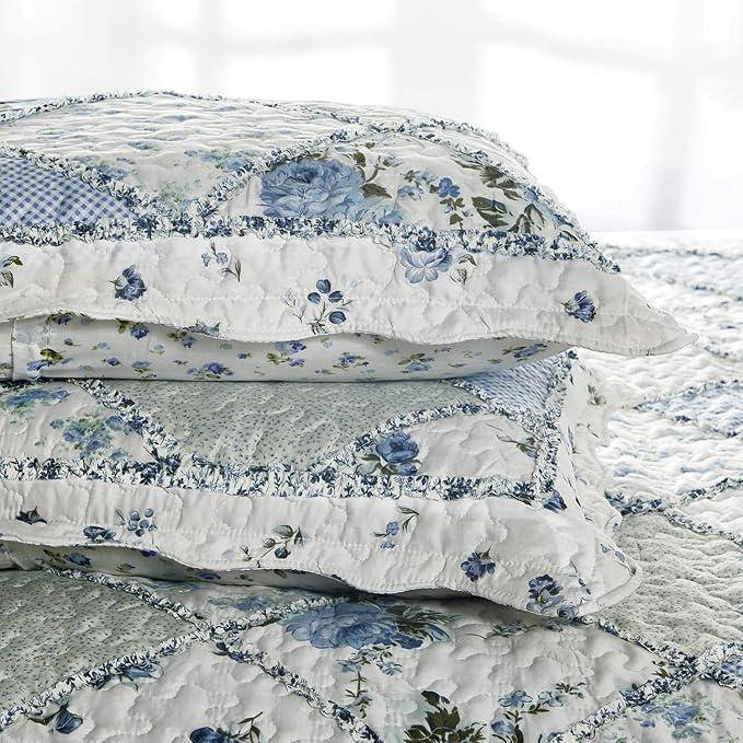 VIVILINEN Blue Floral Patchwork Quilt Set King Size Reversible Quilted Bedding Set with 2 Pillowcases | 3-Piece King Size Bedding Set Reversible Coverlet Lightweight Comforter Bed Sheet Set Cover Blanket with 2 Pillowcases