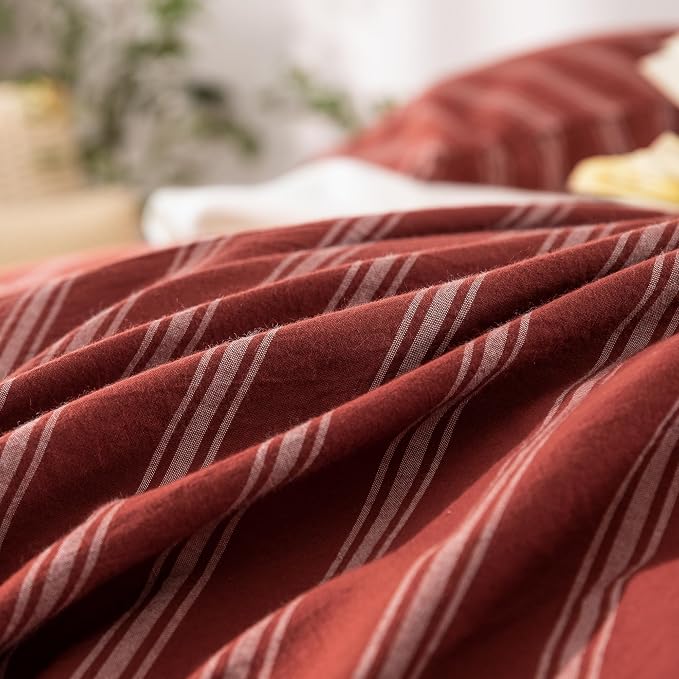 BESTOUCH Striped Cotton Duvet Cover Set Linen Feel Queen | 100% Washed Cotton, Soft Wrinkle Texture, Hidden Zipper, 8 Ties, Breathable Lightweight Durable Comfy, 3 Pcs No Insert