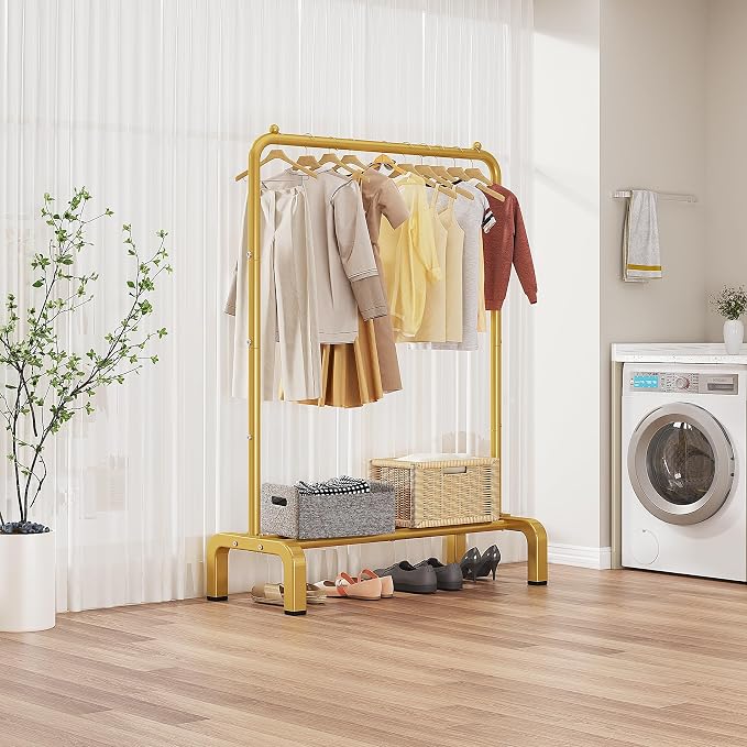 JIUYOTREE Garment Rack Clothing Clothes Rack for Clothes Organizing Gold | Standard Metal 34 Inches Garment Rack with Bottom Shelf for Hanging Clothes Coats Jackets Shirts Sweaters Jeans Gold