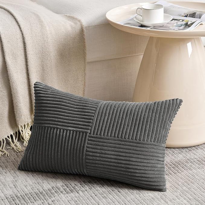 Fancy Homi 2 Packs Dark Gray Lumbar Decorative Throw Pillow Covers 14x22 Inch for Living Room Couch Bed Sofa, Farmhouse Home Decor, Soft Striped Corduroy Rectangle Accent Cushion Case 35x55 cm