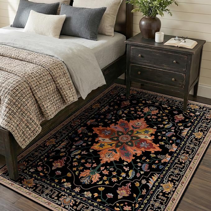 RELEANY Washable Area Rug, 4'x6', Black/Colorful | Non-Slip, Water Repellent, Pet Friendly, Easy to Clean, Vintage Floral Boho Decor for Living Room Bedroom Kitchen Office