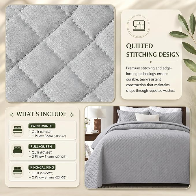 SunStyle Home Twin Quilt Set, Lightweight Bedding Bedspreads,Light Grey | Soft Coverlet With 2 Pillow Shams,Morden Style Quilts for All Season, Suitable for Bed,Couch,Bedroom,Guest Room,68"X86"