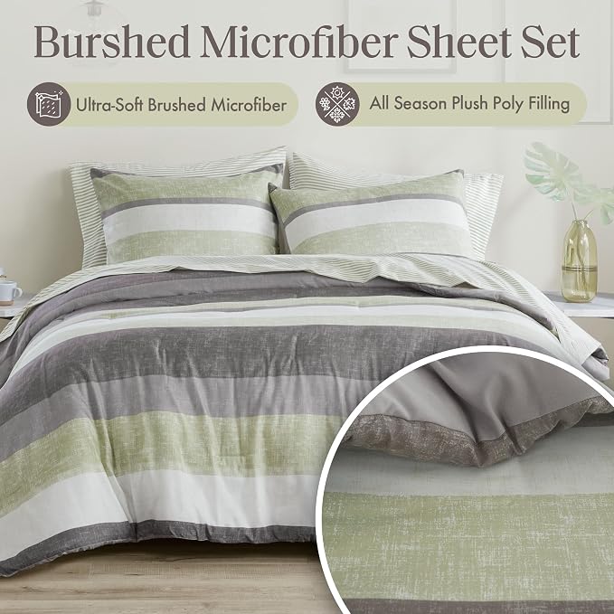 Madison Park Essentials Jaxon Cal King Comforter Set, Bed in A Bag Comforter & Sheet Set, Modern Casual Stripes Print, All Seasons, Soft Bedding Makeover, Matching Sham, Cal King Green/Grey 7 Piece
