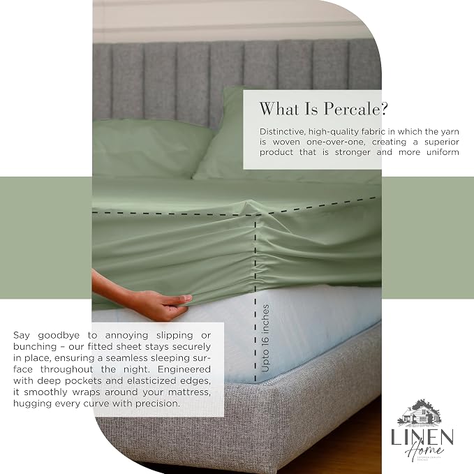 Linen Home 100% Cotton Percale Sheets Full Size, Oil Green – Crisp & Cool, Breathable, Long-Staple Combed Cotton, 16" Deep Pocket, 4 Pieces: 1 Flat, 1 Fitted Sheet & 2 Pillowcases
