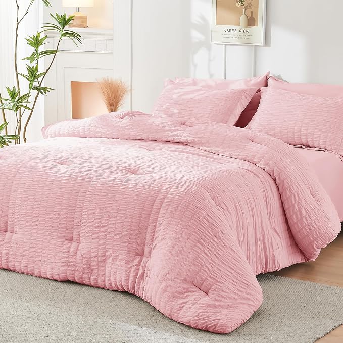 HYMOKEGE Pink Oversized Queen Comforter Set Seersucker 7 Pieces, All Season Luxury Bed in a Bag for Bedroom, Bedding Set with Comforter, Sheets, Pillowcases & Shams