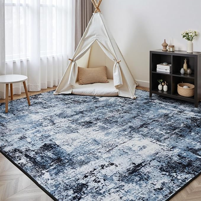Rugflix 8x12 Area Rugs for Living Room, Washable Navy Blue Dark Large Rug | Machine Washable; Stain-Resistant; Low Pile; Non-Slip; Modern Abstract; Black Carpet for Bedroom Dining Office Nursery Home