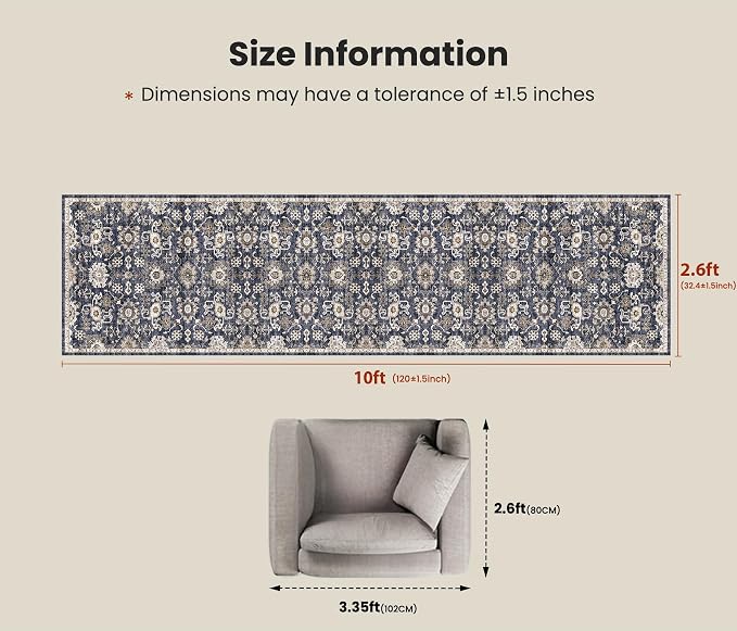 AMADA HOMEFURNISHING 2'6"x10' Washable Area Rug, Low-Profile Entryway Rug with Non-Slip Backing & Durable Edge Binding, Vintage Rug Pattern, Small Rugs for Entryway, Kitchen & Living Room