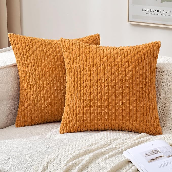 MIULEE Decorative Throw Pillow Covers 20x20 Fall Burnt Textured Corduroy | Orange Pack of 2 Striped Pillow Covers Modern Farmhouse Autumn Home Decor for Couch Bed Sofa Living Room
