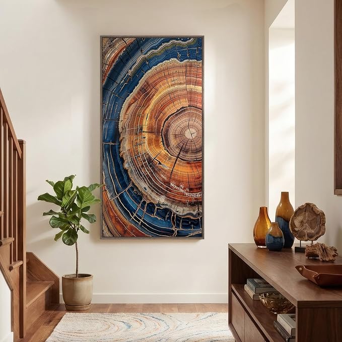 Large Framed Vertical Vintage Tree Ring Wall Art for Living Room, 30x60 In | Rustic, Farmhouse, Nature, Wood grain, Large, Office wall art, Foyer wall decor, Ready to hang, Wood frame, Canvas artwork