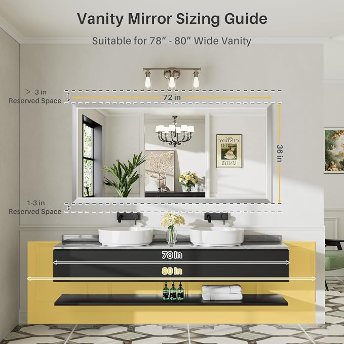 Bathroom Wall Mirror, Silver Brushed Nickel Metal Frame, 72x36 Inch | Anti-rust, HD tempered glass, for bathroom vanity, bedroom, living room, horizontal or vertical mount