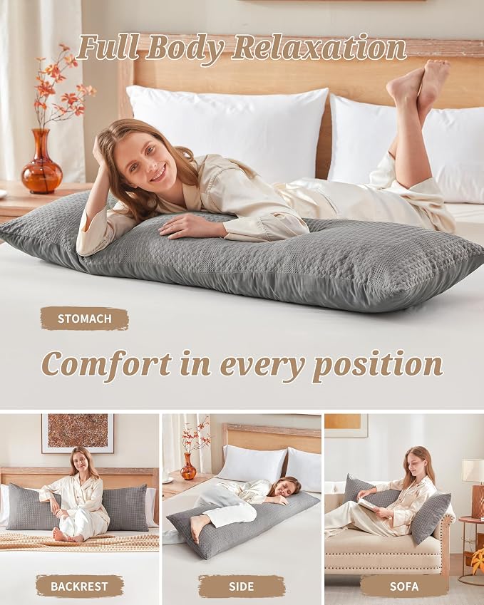 YZ HOME Waffle Weave Body Pillow for Adults, Memory Foam Insert | Long Pillow with Removable Pillowcase, Firm and Fluffy, Large Bed Pillows for Side Sleepers, Washable, 20x54 Inch, Grey