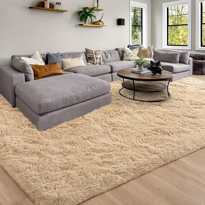 Soft Modern Indoor Large Shaggy Rug for Livingroom Bedroom Dorm Kids Room Home Decor, Non-Slip Plush Fluffy Furry Fur Area Rugs Comfy Nursery Accent Floor Carpet 9x12 Feet, Light Tan