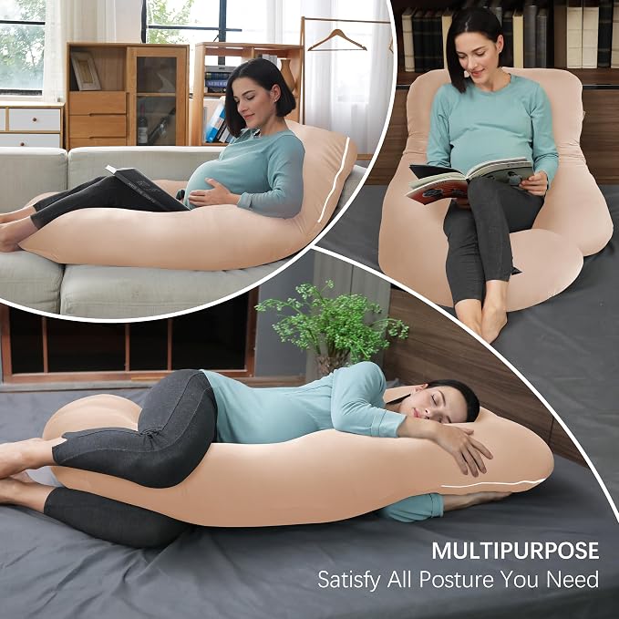 MOON PARK Pregnancy Pillows for Sleeping - U Shaped Full Body Maternity Pillow with Removable Cover - Support for Back, Legs, Belly, Hips - 57 Inch - Brown - Cooling Cover