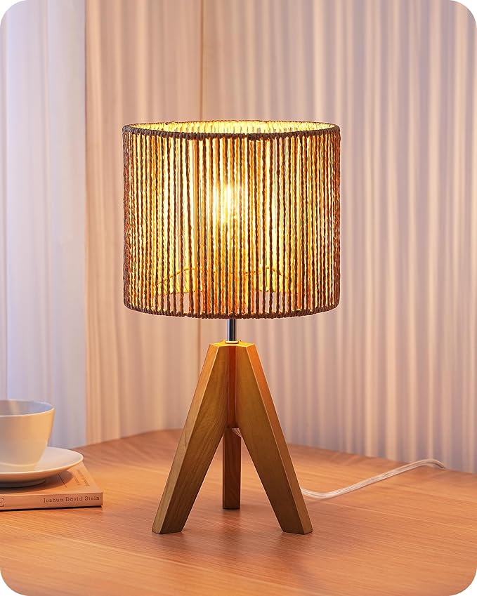 EDISHINE Small Rattan Table Lamp, Wood Tripod Bedside Lamp, 14.2", E26 Base | Natural Style, E26 Socket, Boho Nightstand Light for Living Room, End Table, Office, Rosewood Color&Vertical Stripe Shade