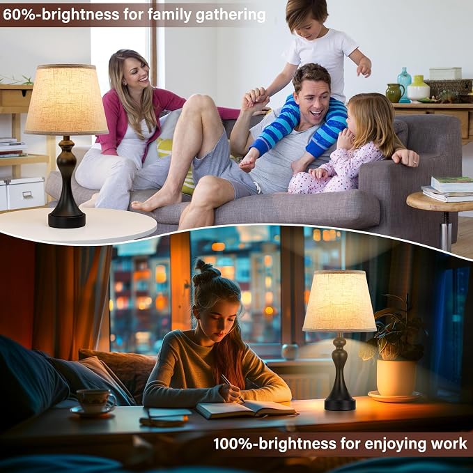 Touch Lamps for Nightstand, 3 Way Dimmable Bedside Lamps with USB C+A Ports | Touch Control, LED Bulb Included, Small Black Table Lamp for Bedroom, Night Stands, End Table, Gift，Corded，Beige Shade