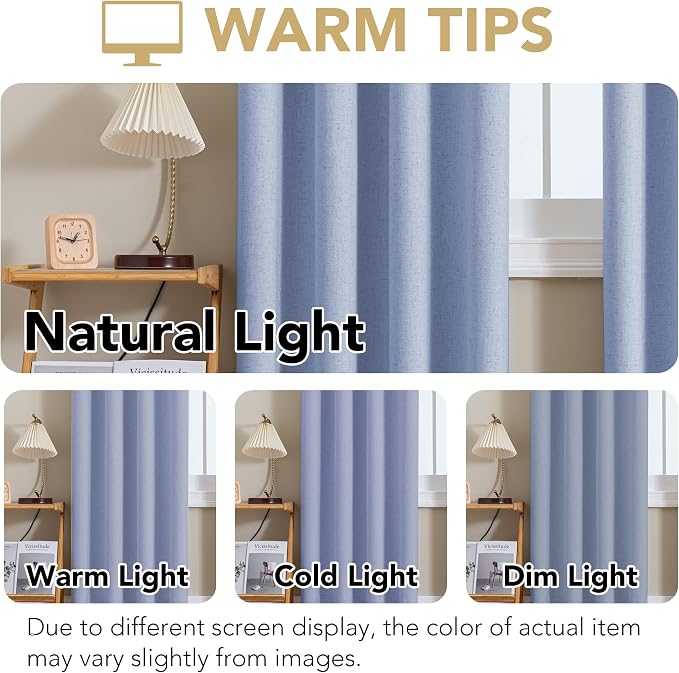 H.VERSAILTEX Linen Curtains 100% Blackout Curtains for Bedroom 96 inch Long Full Light Blocking Nature Linen Blended Window Curtains for Living Room Nickel Grommet (2 Panels, Heathered Chambray Blue)