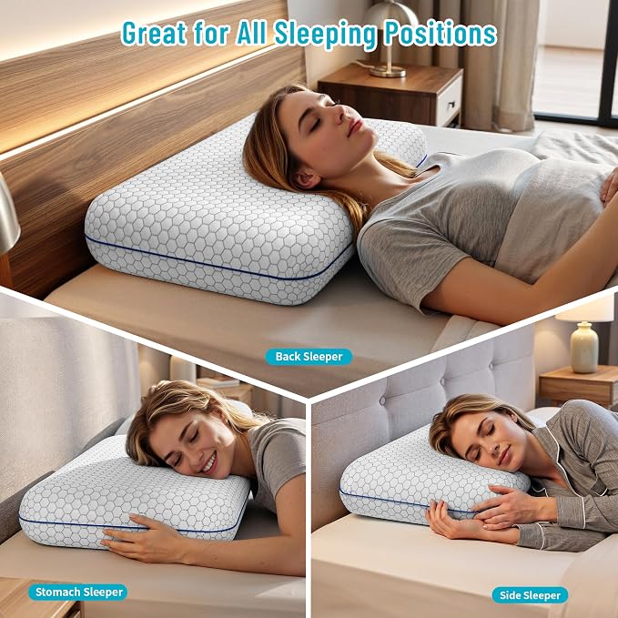 CushyOasis Memory Foam Pillows for Sleeping, Firm Bed Pillow, Queen Size | Ergonomic Supportive Memory Foam for Head, Neck & Shoulders, Breathable Washable Cover, for Side, Back & Stomach Sleepers