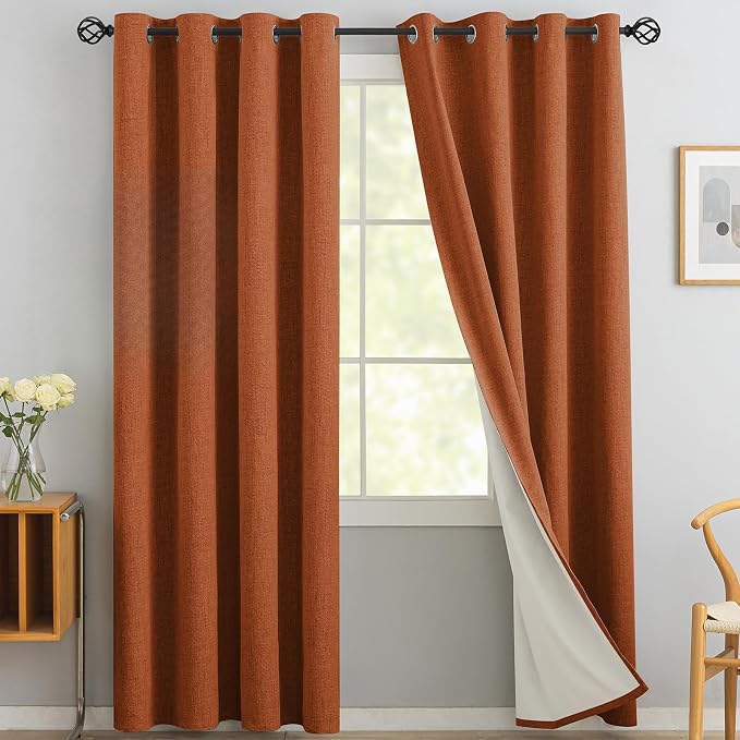 Yakamok Burnt Orange Linen Curtains 84 Inches Long for Living Room | 100% Blackout Curtains,Room Darkening Curtains,Thermal Grommet Bedroom Curtain 2 Panels with Greyish White Liner,52W x 84L