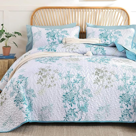 WONGS BEDDING Floral Quilt Set Full, 3 Pcs Teal Bedspreads Coverlets | Spring Summer Floral Farmhouse Bedspread with 2 Shams,Soft Microfiber Lightweight Coverlet for All Season 78"×90"