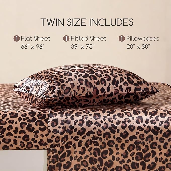 MR&HM Satin Sheets Twin Size with Elastic Corner Straps, Brown Leopard | Similar to Silk, 3-Piece Silky Soft Bed Sheet Set, Gentle on Skin and Hair, 15" Deep Pocket, Cooling & Breathable