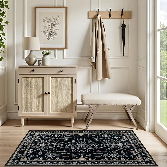2x3 Area Rugs Living Room: Washable Vintage Rug for Bedroom Black | Boho No Slip Stain Resistant Rug Soft Indoor Decor Floor Floral 2x3 Area Rugs for Dining Room, Nursery, Hallway, Home Office