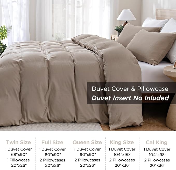 TOCOMOA 100% Muslin Cotton Duvet Cover Set, Taupe, Queen | Linen-Like Texture. Ultra Soft, Breathable, Comfy & Lightweight Fall Bedding Set with Zipper & 8 Ties. 3 Pcs, No Insert