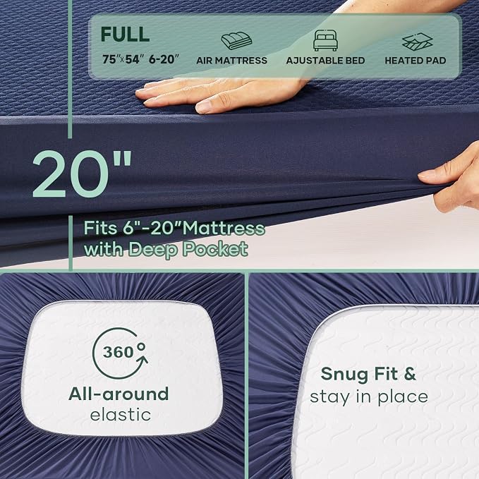 OhGeni 100% Waterproof Mattress Protector, Full Size Mattress Pad, Fits 6"-20" Mattresses with Deep Pocket, Cooling, Breathable Fitted Sheets, Washable Bed Cover Over 99 Count Hex Bumps,Navy Blue