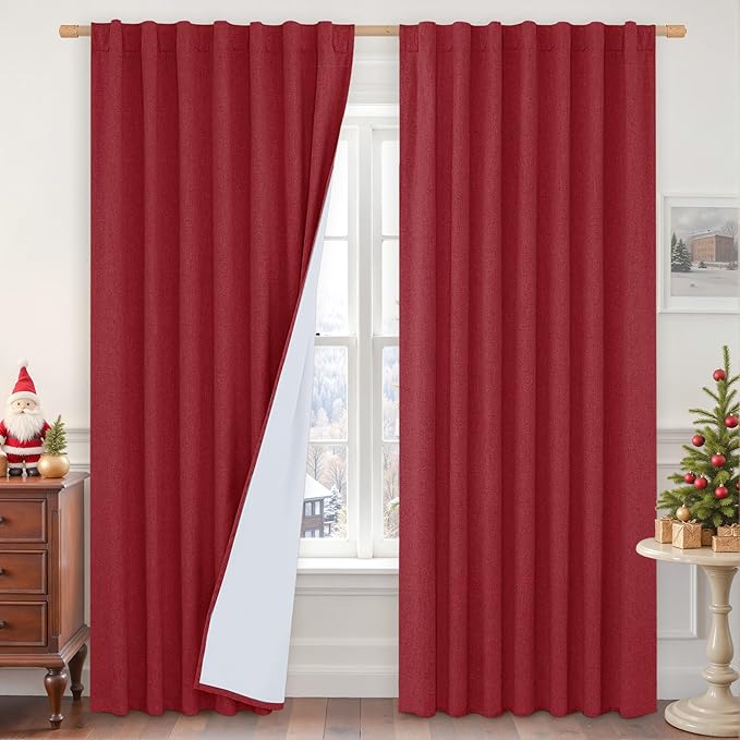 Red 100% Blackout Linen Curtains 84 Inch for Living Room 2 Panels | Privacy Protected, Christmas Decor Panels, Room Darkening, Bedroom Curtains, Rod Pocket Back Tab, White Liner, 60 x 84 Inch