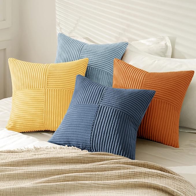 MIULEE Summer Yellow Blue Decorative Throw Pillow Covers 20x20 Inch Set of 4 Soft Corduroy Boho Patchwork Pillow Covers Modern Farmhouse Bright Home Decor for Sofa Living Room Couch Bed