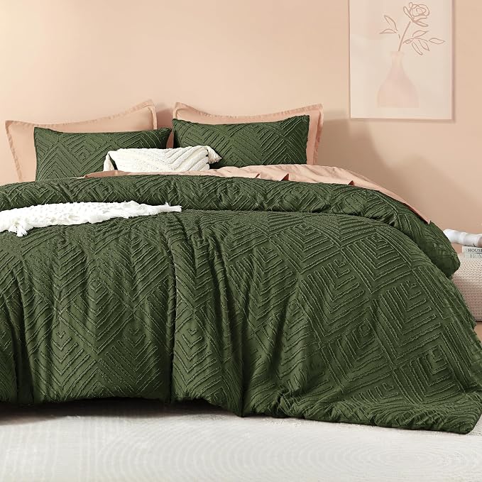 Litanika Super King Size Comforter Set, 3 Pcs Tufted Boho Bedding Set | Olive Green Farmhouse Shabby Chic Vintage Bohemian Textured Aesthetic Soft Fluffy Lightweight Breathable All Season Bed Set