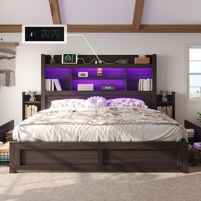 LUXOAK King Bed Frame with Storage, Bookcase Headboard, Black | 49.6" Headboard, Wood Platform Bed, Charging Station, Bedside Storage, 4 Storage Drawers, No Box Spring Needed, Farmhouse