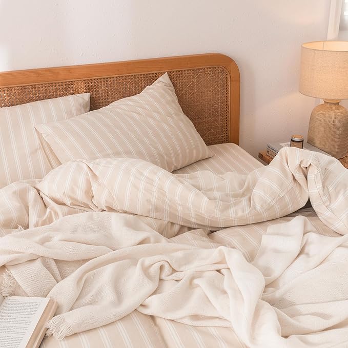 BESTOUCH Striped Cotton Duvet Cover Set Linen Feel Queen | 100% Washed Cotton, Soft Wrinkle Texture, Hidden Zipper, 8 Ties, Breathable Lightweight Durable Comfy, 3 Pcs No Insert