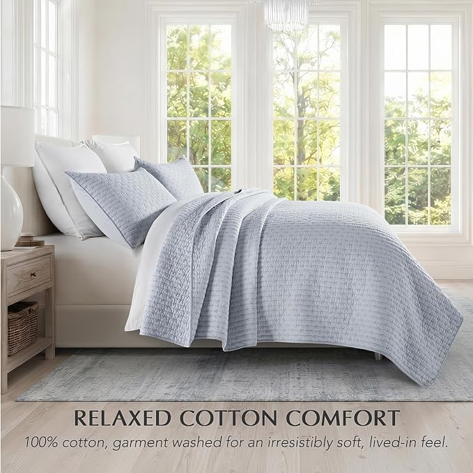 100% Cotton Cross Stitch 3-Piece Quilt Set, Queen, Powder Blue | 100% Cotton, Elegant Cross Stitch, Soft & Breathable, Prewashed Softness, Oversized Design, OEKO-TEX® Certified