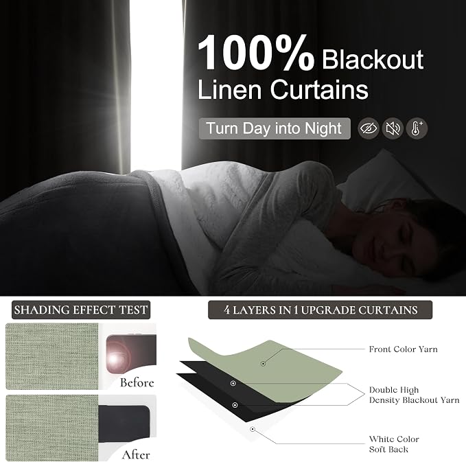 Sage Green Blackout Linen Curtains 105 Inches Long for Living Room Bedroom, Pleated Window Track Curtain with Pin Hooks Belt Boho Light Green Drapes Thermal Insulated (50"Wx105"Lx2Panels) Back Tab