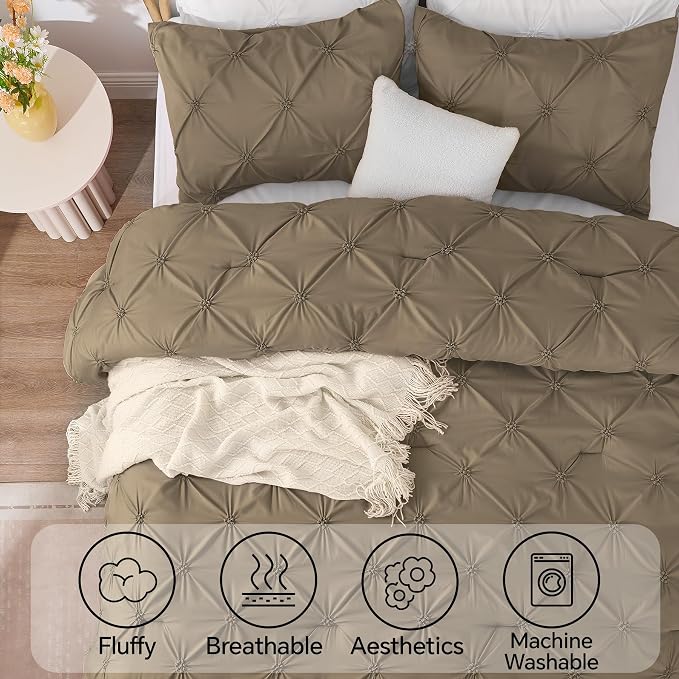 BEDELITE Queen Comforter Set Light Brown,Lightweight & Soft Comforter | Pintuck Boho Bedding, Warm & Cute Bed Set for All Season,With 2 Pillowcases