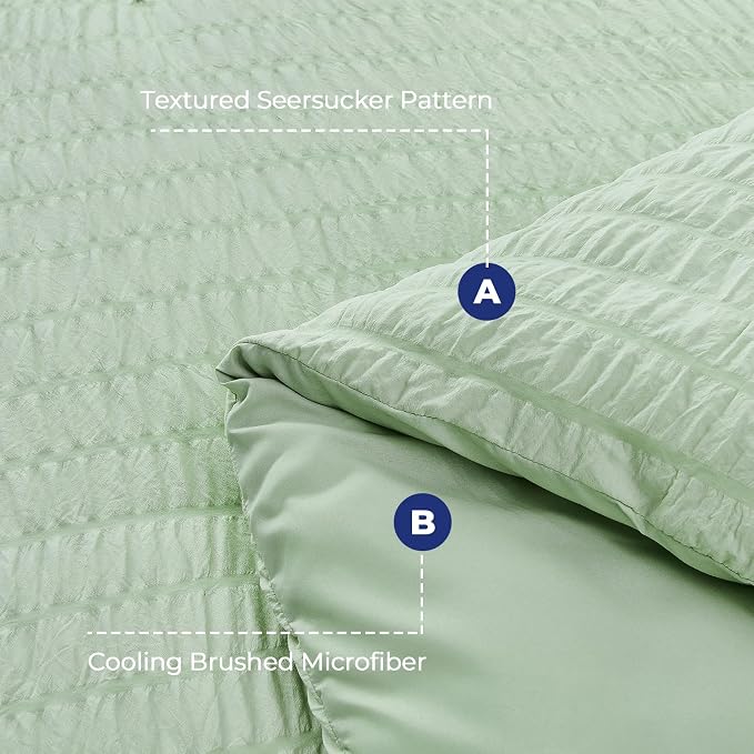 HYMOKEGE Light Green Duvet Cover Queen Size, Ultra Soft 3-Piece Seersucker Duvet Cover Set with Zipper Closure, Soft Brushed Microfiber Bedding Set with 8 Corner Ties (90"x90", 2 Pillowshams)