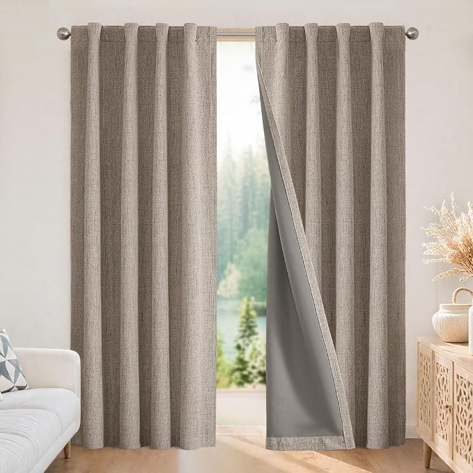 Joydeco 100% Blackout Curtains for Bedroom，Natural Linen Curtains, Thermal Insulated Linen Light Blocking Drapes, Rod Pocket & Back Tabs, Darkening Privacy for Living Room, 52" W x 96" L (Pack of 2)