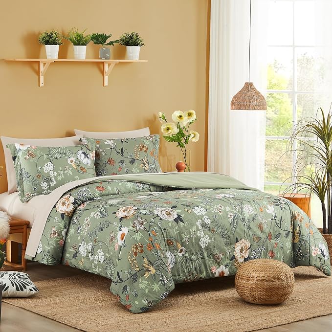 Queen Comforter Set - 7 Pieces Soft Floral Bed in a Bag Queen Bedding Sets | Green Botanical Texture Flowers Comforter Set with Sheets, Pillowcases & Shams for All Seasons